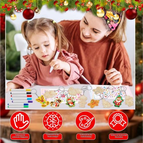 TOPJOWGA Schlüsselanhänger Weihnachten, 26 Stück Weihnachten Basteln Kinder, Schlüsselringe Bastelset aus Holz… – Ansicht 5