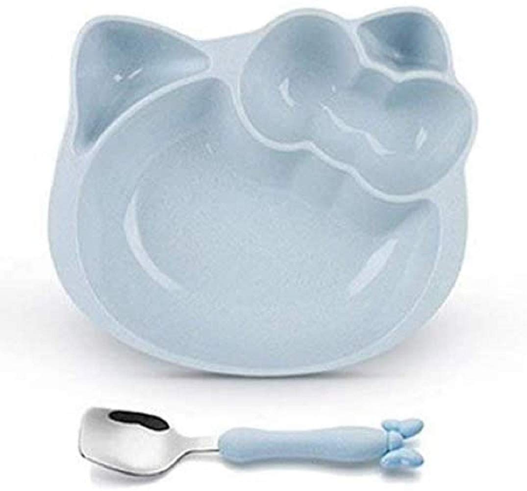 Shallow Wheat Straw Tableware Set - Kitten Design Bowl with Cute Stainless Steel - Blue, BD-WS-18
