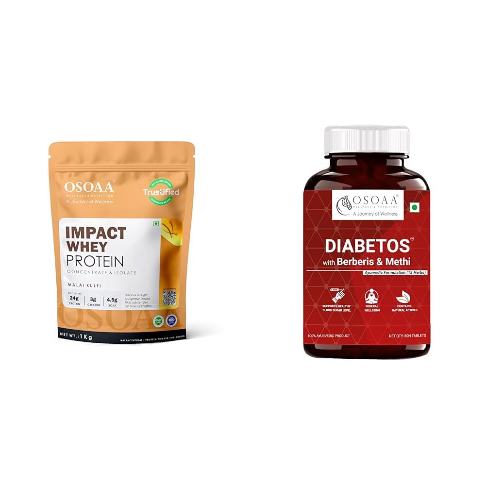 OSOAA Impact Whey Protein 1kg -Malai Kulfi| Isolate & Concentrate | 24g Protein & 3g Creatine with | OSOAA Diabetic Care Tablets (Diabetos) | Karela, Jamun, Gurmar, Methi, Neem & Other Herbs | Suppor-image-36