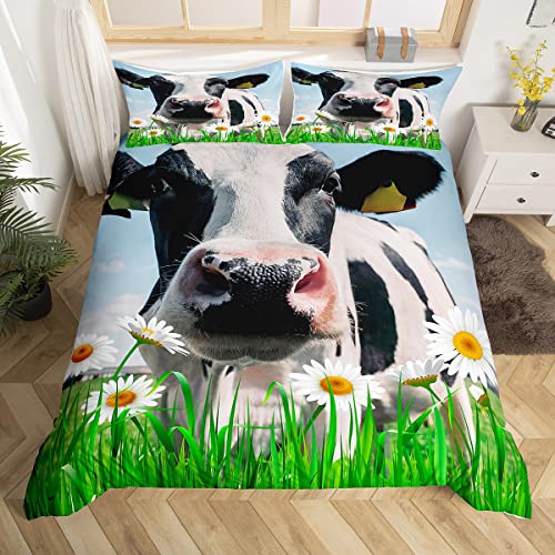 Feelyou Large Cow Bedding Set with Whiye Daisy Flower Green Grass 135 x 200 cm - Farm Animal Design for Children, Boys, Girls, Teenagers - 2-Piece with Zip, Microfibre Feelyou Large Cow Bedding Set with Whiye Daisy Flower Green Grass 135 x 200 cm - Farm Animal Design for Children, Boys, Girls, Teenagers - 2-Piece with Zip, Microfibre