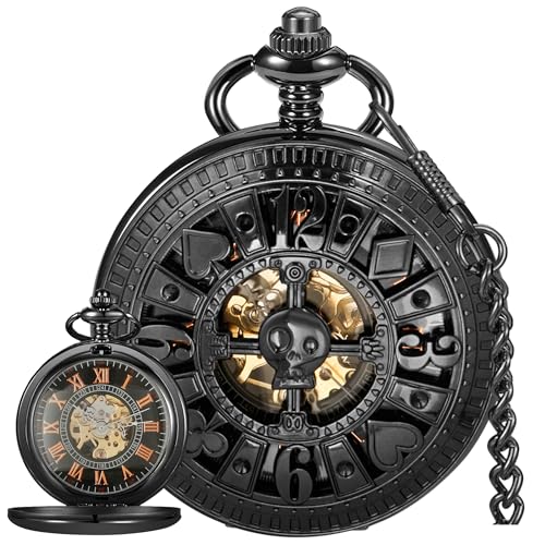 Image of Men's Mechanical Hollow Design Hand Wind Pocket Watch Roman Numerals Steampunk with Chain Box