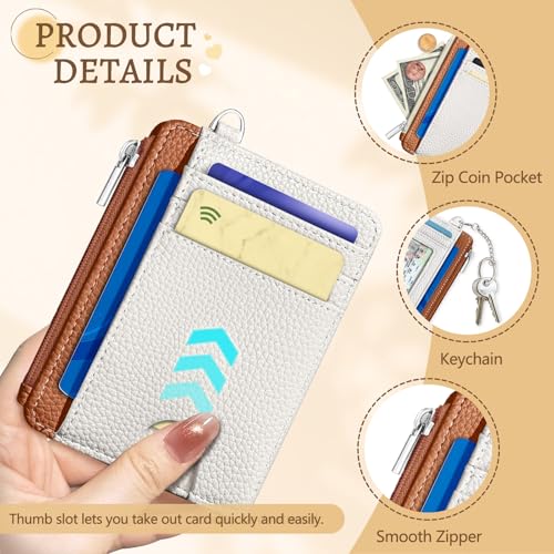 Image of Kelvoris White Caramel Credit Card Holder Small Wallet Women, Slim RFID | Keychain, Zipper Coin Pocket, Front Pocket Thin Travel Card Case, Minimalist, 6 Card Slots, 1 ID Window, Ladies Gifts Woman