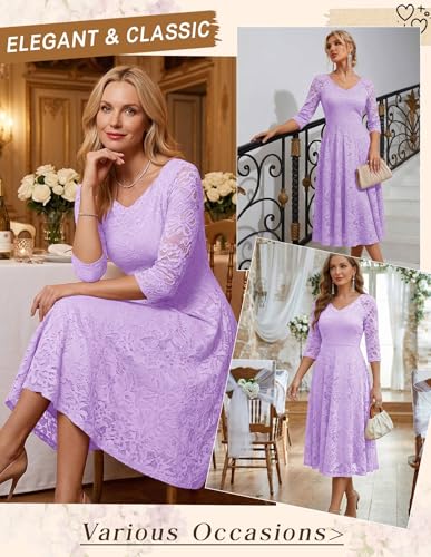 Image of Dressystar Womens Long-Sleeve Wedding Guest Dress A-Line Lace Formal Party Cocktail Midi Dress Prom Gown