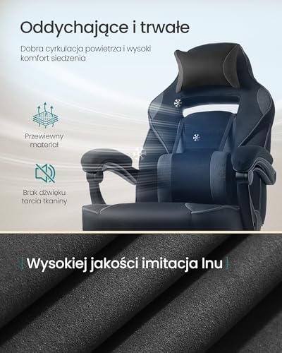 SONGMICS Fotel gamingowy, fotel biurowy z podnóżkiem, fotel biurowy z zagłówkiem i podparciem lędźwiowym, regulowana wysokość, ergonomiczny, nośność do 150 kg, kolor atramentowo-szary OBG073BH20