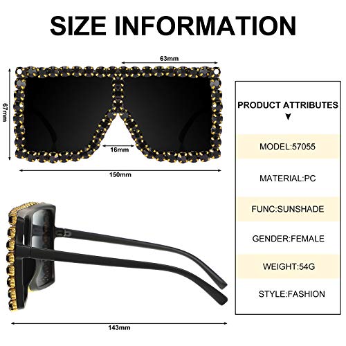 Weewooday 2 Pairs Oversized Square Crystal Sunglasses Flat Top Sunglasses Retro Thick Frame Bling Glasses for Women Men3