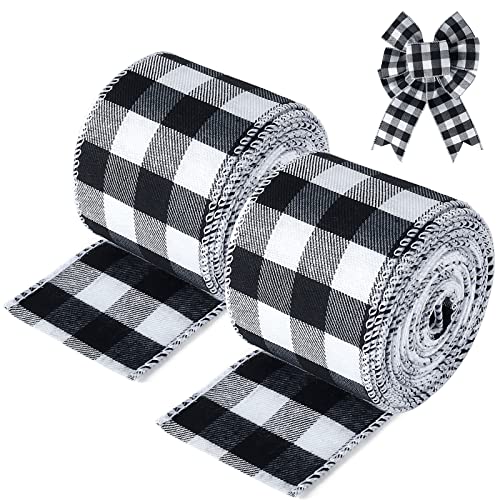 19.6 Yard 2.5 inch Wide Buffalo Plaid Ribbons Wired Edges 2 Rolls Black and White Checkered Ribbon for Christmas Tree Gift Decorations