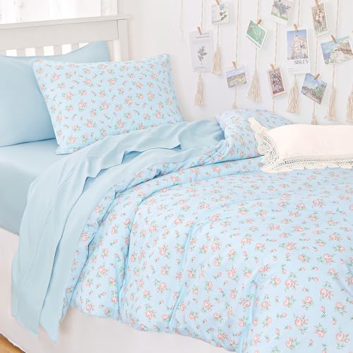 Image of Wake In Cloud - Floral Comforter Set, Coquette Cottagecore Aesthetic Flower Shabby Chic Pattern for Women Teen Girls, Soft Lightweight Bedding, 3 Pieces, Blue Pink, Twin /Twin XL Size