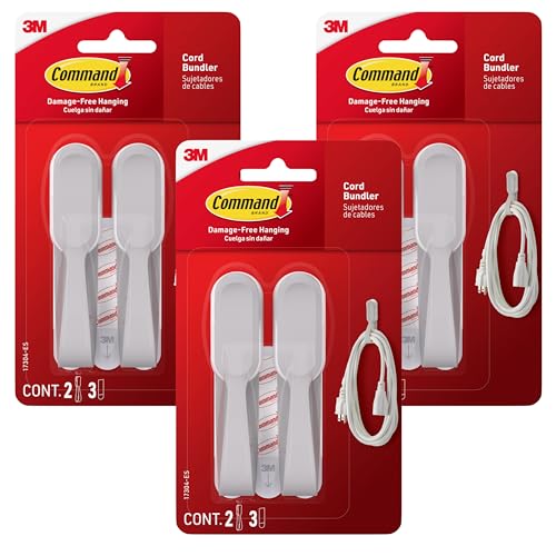 Command Cord Bundlers, Damage-Free Adhesive Cord and Cable Organizers, White, 6 Bundlers (3 Packs of 2) with Command Strips, No Tools Wall Hooks for Home, Office or Outdoor Use, Holds 2 lbs Each - image 1