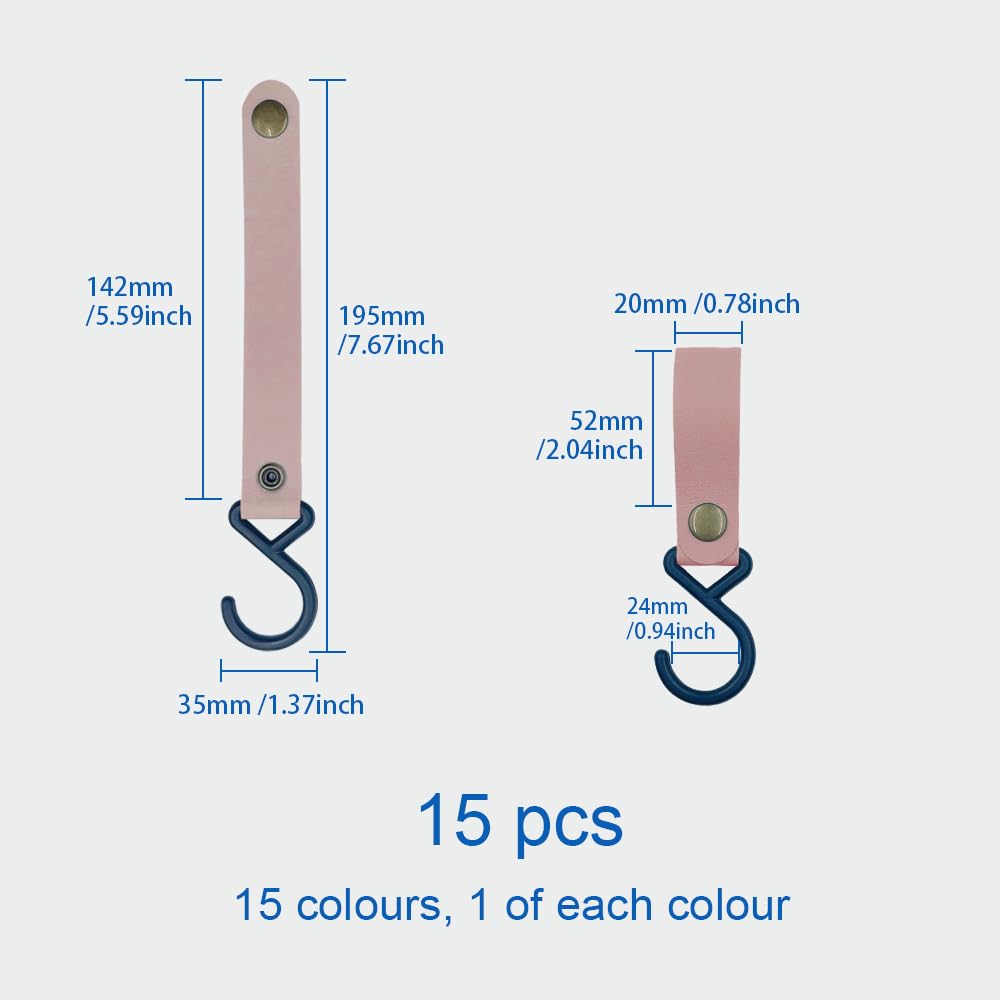 ONEBO 15 Pezzi Ganci In Pelle a S,Ganci a S in pelle multifunzione,Gancio multifunzione con passante in pelle,per appendere, gancio da campeggio, asciugamani, cucina(15 colori)