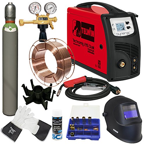 TELWIN MIG/MAG Schweißgerät TECHNOMIG 215 DUAL Synergic im SET 2 mit SCAPP Schweißdraht, SCAPP Schweißerhandschuhen, SCAPP Trennspray, Schweißhelm und Gasflasche (816053) Cover