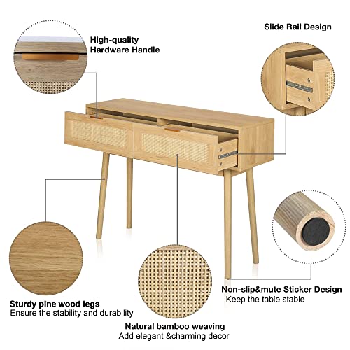 Lazzo 39" Console Table, Oak Grain Sofa Table With Wood Frame, Rustic Hallway Table With 2 Bamboo Weaving Storage Drawers For Foyer Living Room Entryway #TOP4