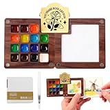Mini Watercolor Travel Paint Set, 15 Grid Mini Portable Watercolor Palette with A Clip, Wooden Mini Paint Palette with Colours, Book, Binder Clips, Watercolor Pens for Painters Artists Students