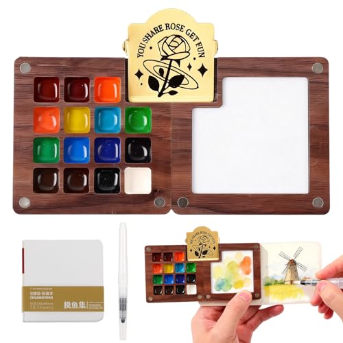Mini Watercolor Travel Paint Set, 15 Grid Mini Portable Watercolor Palette with A Clip, Wooden Mini Paint Palette with Colours, Book, Binder Clips, Watercolor Pens for Painters Artists Students