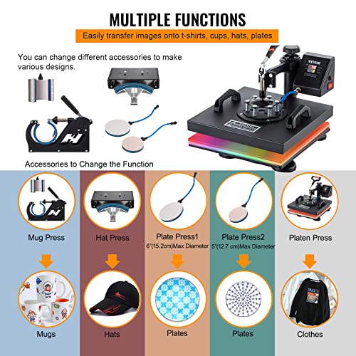 Vevor Heat Press Machine, 15 X 15 Inch, 6 In 1 Combo Swing Away T-Shirt Sublimation Transfer Printer With Teflon Coated, Mug/Hat/Plate Accessories Included, Etl/Fcc Certificated, Black(Color May Vary) #TOP2