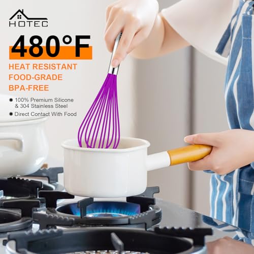 Image of HOTEC 4 Pieces Silicone Whisks Set, Wire Balloon Whisks for cooking Egg Beater, Non-slip Handle Whisk for Non-stick Cookware Perfect for Cooking, Stirring, Beating and Blending,Purple