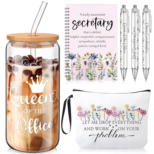 SiliFine 6pcs Secretary Gift for Women, 16 oz Glass Tumbler with Lids Straw Travel Makeup Bag...