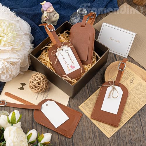 Framendino, 48 Sets Wedding Favors Luggage Tag PU Leather Travel Tags with Name ID Card for Bridal Shower Brown3