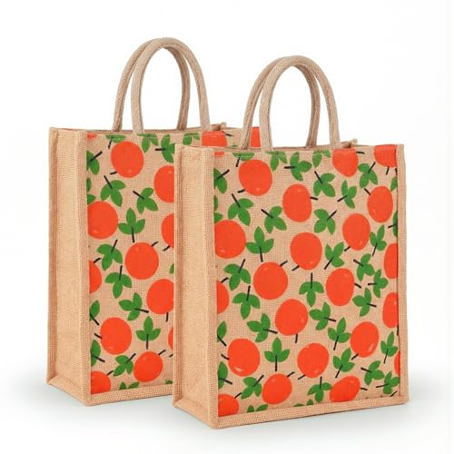 Image of Kuber Industries 2 Pcs Jute Shopping Bag for Women with Handle | Multipurpose and Reusable Carry /Shopping Bag for Grocery | Apple Print - Brown & Red