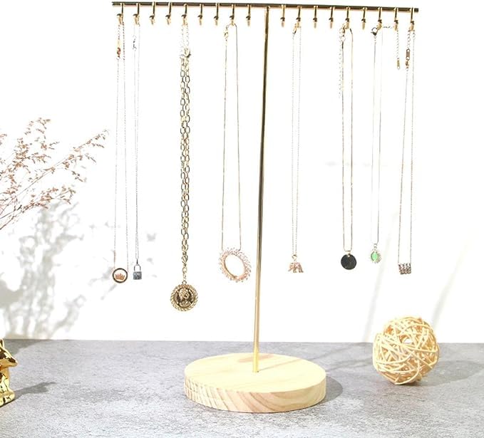 Image of T Shape Metal Gold Chrome Finished Wooden Jewellery Display Stand (16 Inch)