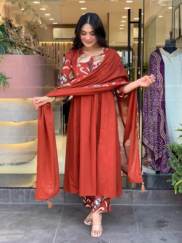 Image of GoSriKi Women's Rayon Viscose Anarkali Printed Kurta with Pant & Dupatta