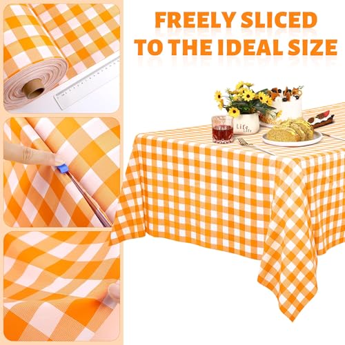 Image of Kochorie 54 Inch x 300 Ft Orange Checkered Plastic Table Cloth Roll Disposable Waterproof Plastic Cover Roll with Easy Slide Cutter for Outdoor Picnic /Home Dining /Fall Thanksgiving Party Decoration