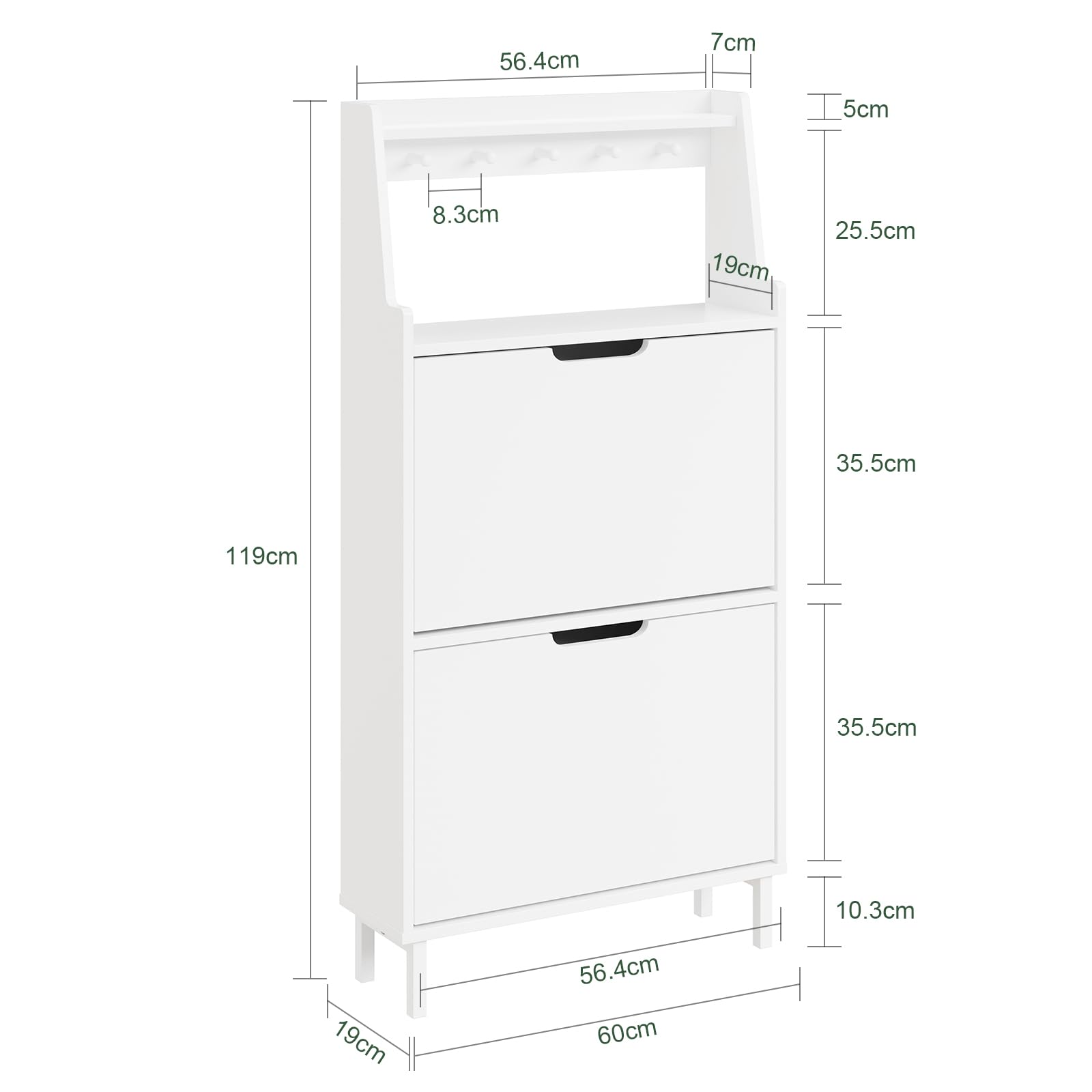 SoBuy Schuhschrank Schmal Schuhkipper Extra Schmale 19 cm Tiefe, Für Schuhe Bis Größe 47, Mit Haken und Offenem Fach für Kleine Wohnung Schmaler Flur Eingangsbereich Weiß 60 x 19 x 119 cm FSR221-W
