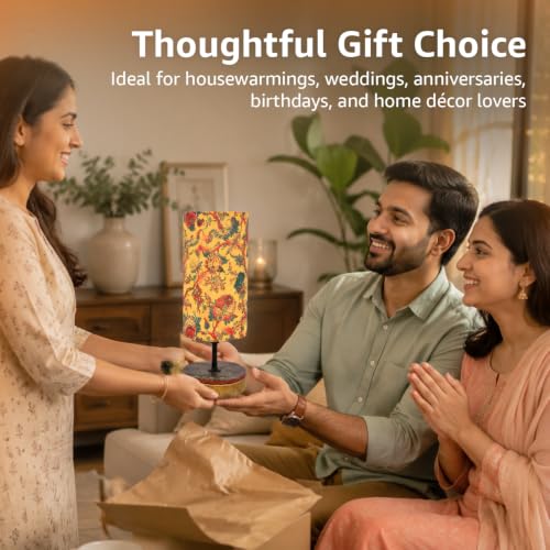 Image of Amazon Basics Bagru Marigold Table Lamp | Hand-Painted Mango Wood Base with Printed Polyester Shade | E14 Holder | Decorative Night Lamp for Bedroom, Living Room & Study Room | Home Decor Gift