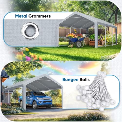 Image of ADVANCE OUTDOOR 10x20 ft Carport Replacement Top Cover w /Leg Cloth, Heavy Duty Waterproof & UV Protected, Easy Installation with Ball Bungees, Gray, Roof Only