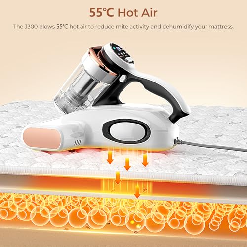 JIGOO J300 Milbensauger mit Staubmilben-Sensor und mit UV-Licht, 500W Milbenstaubsauger mit Intelligente LED-Anzeige, Für Allergiker, entfernt 99,9% Allergene, Für Matratzen, Betten und Sofas