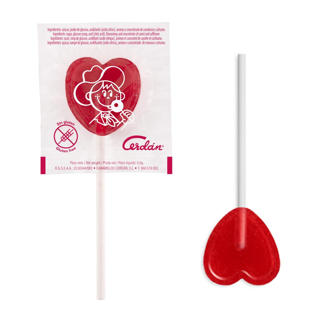 Caramelos Cerdán Piruletas Mini Corazón Sabor Cereza Bolsa 150 Unidades Caramelo Duro sin Gluten