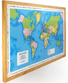 Personalised Pin Board World Map - Made Of Cork With Frame 105 X 67cm - Memo Board Made Of Cork With 100 Pins - Huge World Map Poster With Pinboard, World Map Wall Decoration, Travel Gift, Home Décor (Light Wood Frame)