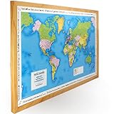 Personalised Pin Board World Map Traveller - Made Of Composite With Frame 105 X 67cm - With 100 Pins Poster With Pinboard Wall Decoration Home Décor (Light Wood Frame)