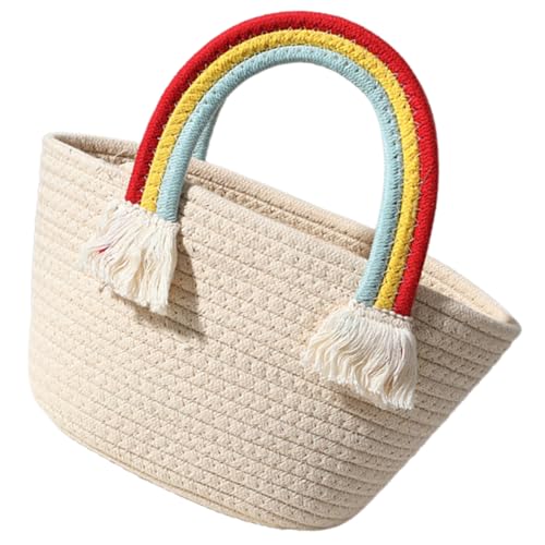 Handwoven Cotton Rope Bag Bohemian Style Woven Tote Women Handbag Rainbow Handle Beach Bag Summer Accessory