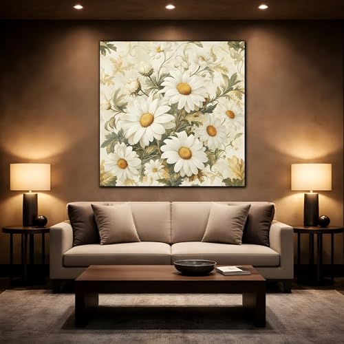 Toile marguerites blanches de qualité premium avec châssis de 3 cm
