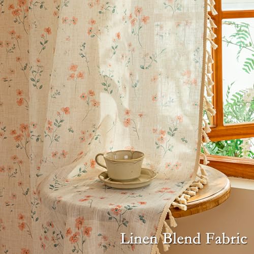 Image of MYSKY HOME Pink Floral Linen Semi Sheer Farmhouse Curtains 96 Inches Long 2 Panels Set for Living Room Patterned Boho Flower Drapes Girls Bedroom with Tassels Back Tab Window Treatments, 50 inch Wide
