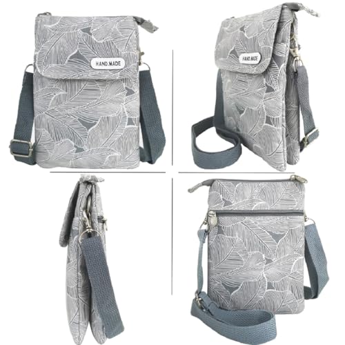 fanshu umhängetasche für handy und geldbörse Segeltuch schultertasche für handy damen Retro Phone Tasche crossbody handytasche echtleder(Grau)