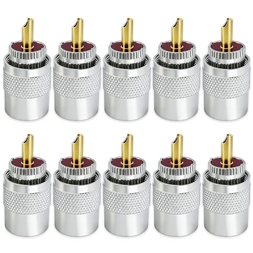 Lpluziyyds PL259 UHF Male Coaxial Connectors 10 Pack with Reducer Solder-Type 50ohm Teflon Gold-Plated Brass Compatible with RG58/RG59/RG8/RG8X/RG213/LMR Cables for Ham/CB Radio/GPS/Antenna