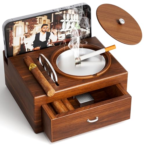 Wood Cigar Ashtray Cigarettes Ashtrays for Indoor Outdoor Patio Home Office Use Square Wooden Brown Cigar Ash Tray Gifts for Men with GIFT BOX(with Drawer)