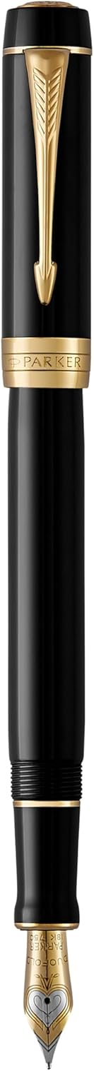 PARKER Duofold Centennial Fountain Pen, Classic Black with Gold Trim, Medium Solid Gold Nib, Black Ink and Convertor (1931382)