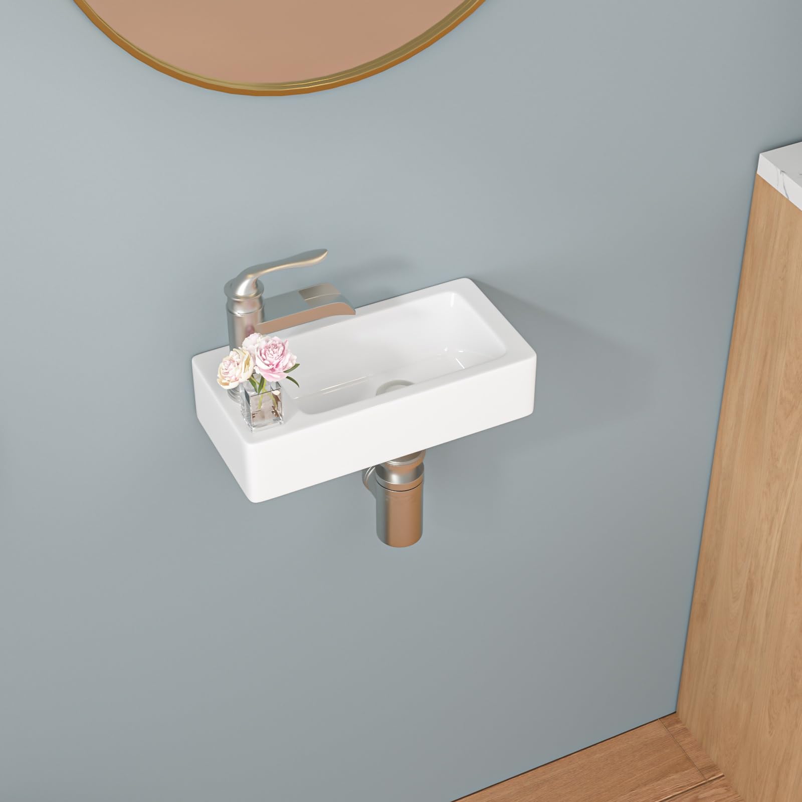 Sarlai Bathroom Basin Sink, Wall Hung Cloakroom Wash Basin, White Rectangular Ceramic Wash Basin Sink, Wall Mounted Small Sink for Bathroom, Toilet and Vanity Cabinet Left Hand 37 x 18.5 x 8.9 cm โ image 1