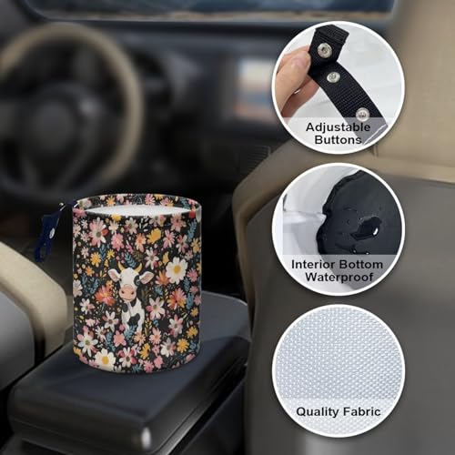 Image of Cow Floral Car Trash Can Bin Hanging Automotive Garbage Cans Leak-Proof Car Organizer