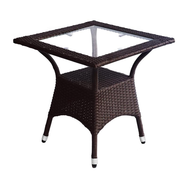 Image of Amazon Brand - Solimo Rattan and Wicker Garden Patio Seating Chair and Table Set Outdoor Balcony Garden Coffee Table Set Furniture with 1 Square Glass Top Table and 2 Chairs Set for Home (Dark Brown)