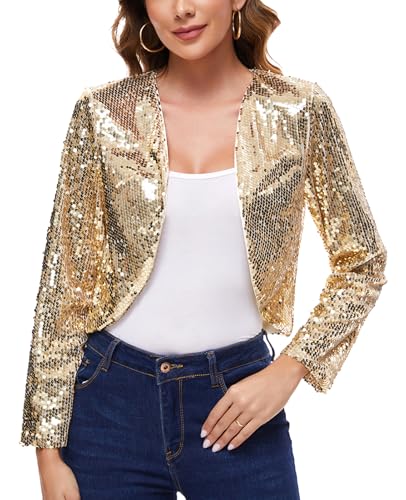 Women's Sequin Shrug Bolero Long Sleeve Collarless Glitter Jackets Sparkly Crop Cardigan