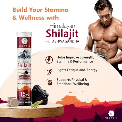 Image of GLOWSIK Himalayan Shilajit Original (750mg) 15 Effervescent Tablets, With Ashwagandha, Gokshura & Safed Musli for Strength, Performance & Muscle Recovery, Cardamom Flavour | Ayush Approved | Pack of 1