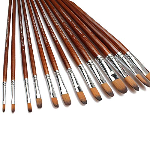 Image of Chrome Long Handle Synthetic Filbert Tip Artist Paint Brushes - 13 Piece Set