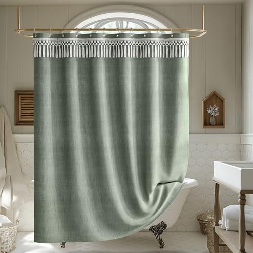 Image of AmazerBath Green Shower Curtains for Bathroom, Boho Farmhouse Shower Curtain with Top Tassels, Sage Green Shower Curtain with 12 Hooks, Faux Linen Fabric Hotel Quality, 72x72 Inches