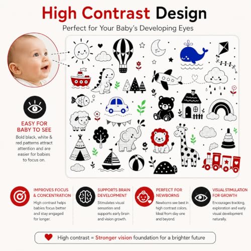 Image of TARKAN High Contrast Baby Play Mat for Visual Stimulation, Extra Thick 8mm, for Hard Floors, BIS Certified, Double Sided, Foldable Foam Crawling Mat (6.5 x 4.5 ft)