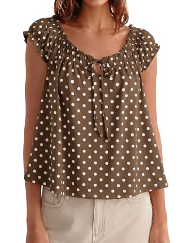 Image of Tankaneo Women Summer Tie Front Tank Tops Cap Sleeve Pleated Babydoll Tops Casual Loose Fit Going Out Flowy Shirt
