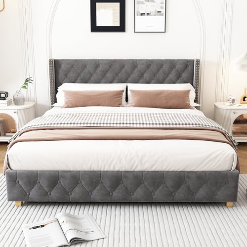 FAYICIC Cama tapizada de 160 x 200 cm con somier y cabecero, acolchado con botones, tapizado con remaches, patas de madera, terciopelo (gris)