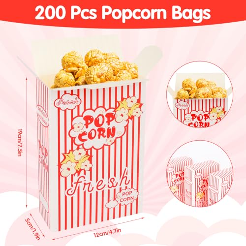 Image of 200 Pack Popcorn Boxes for Party, 1.25 oz Popcorn Containers for Party, Popcorn Boxes Bulk, Red and White Striped Close-Top Cardboard Pop Corners Bags Individual Servings for Movie Night Supplies